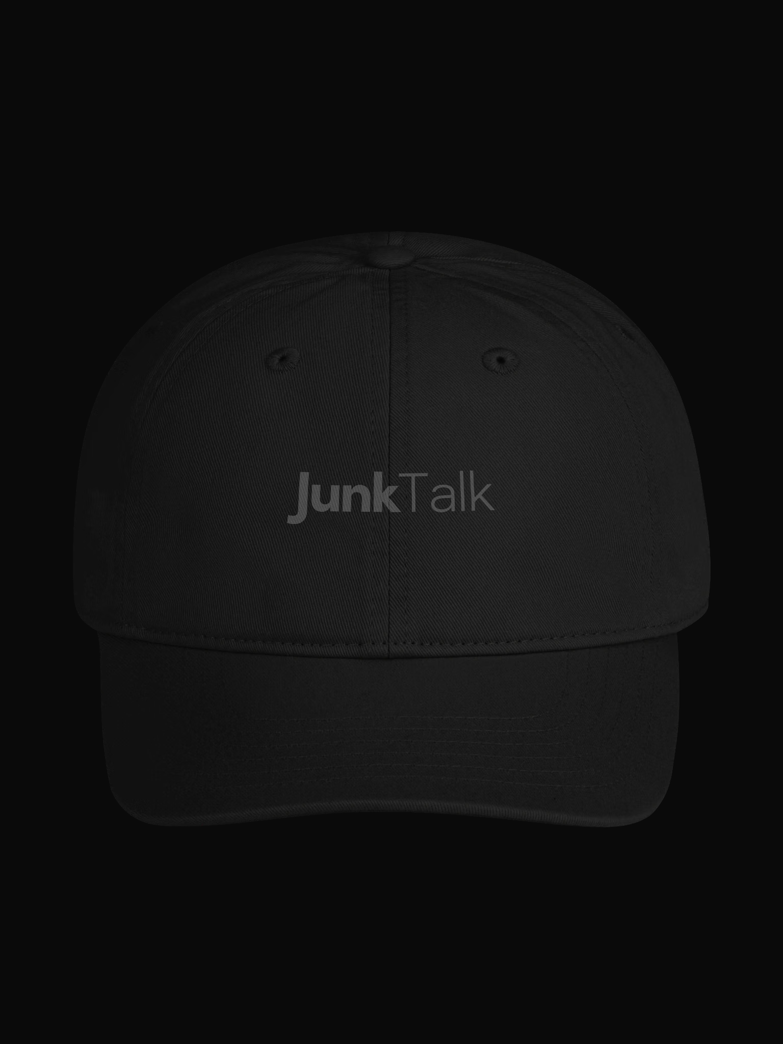 JunkTalk Dad Hat actual product front with charcoal wordmark on black