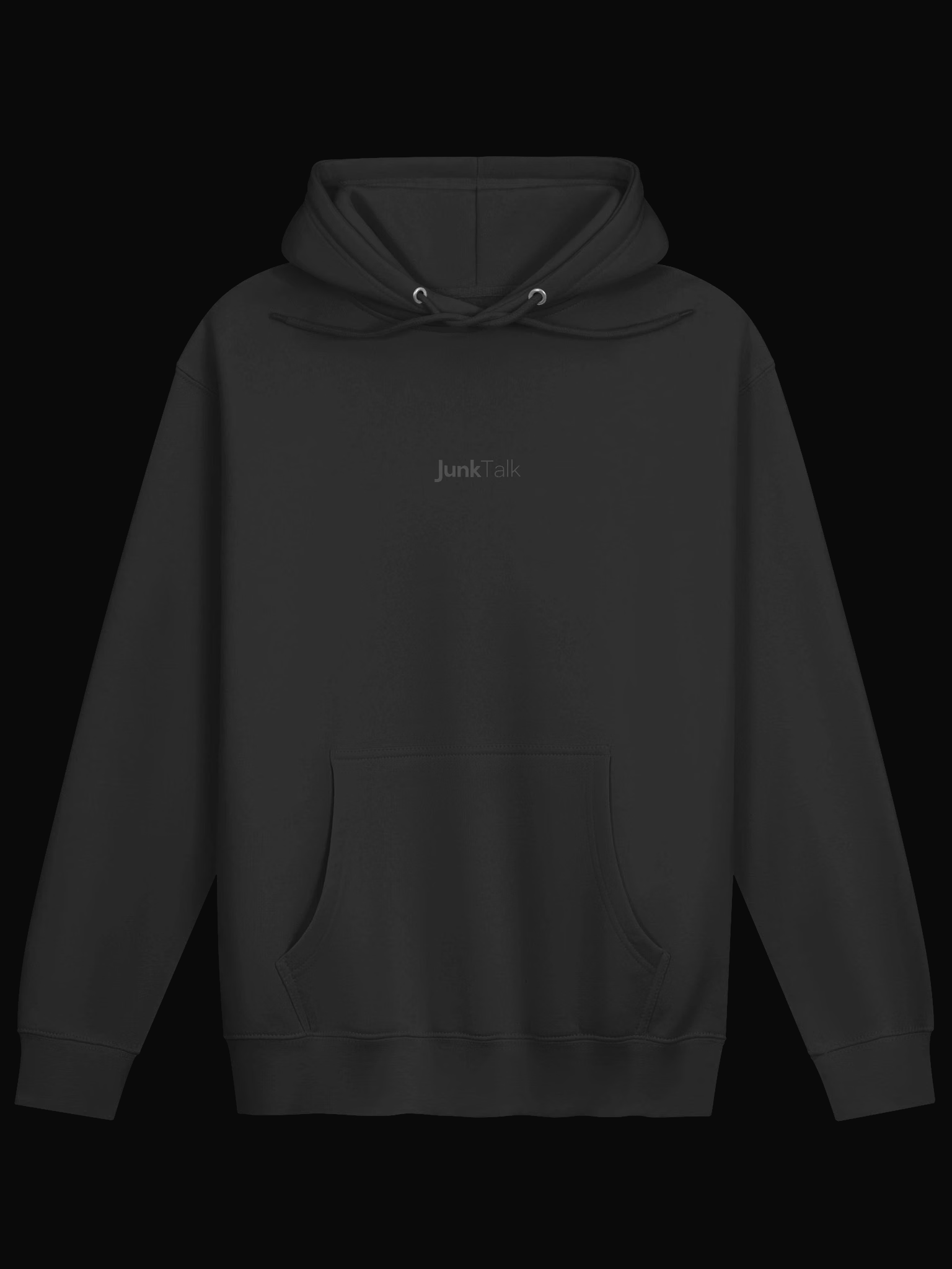 JunkTalk Hoodie actual product front with charcoal wordmark on black