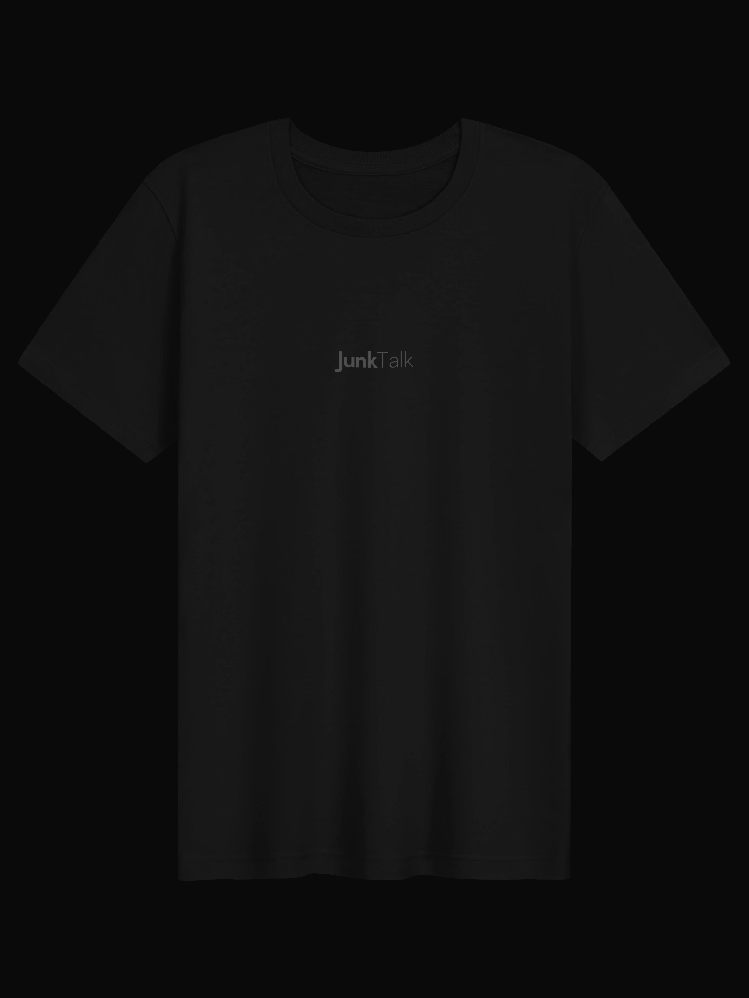 JunkTalk Tee actual product front with charcoal wordmark on black